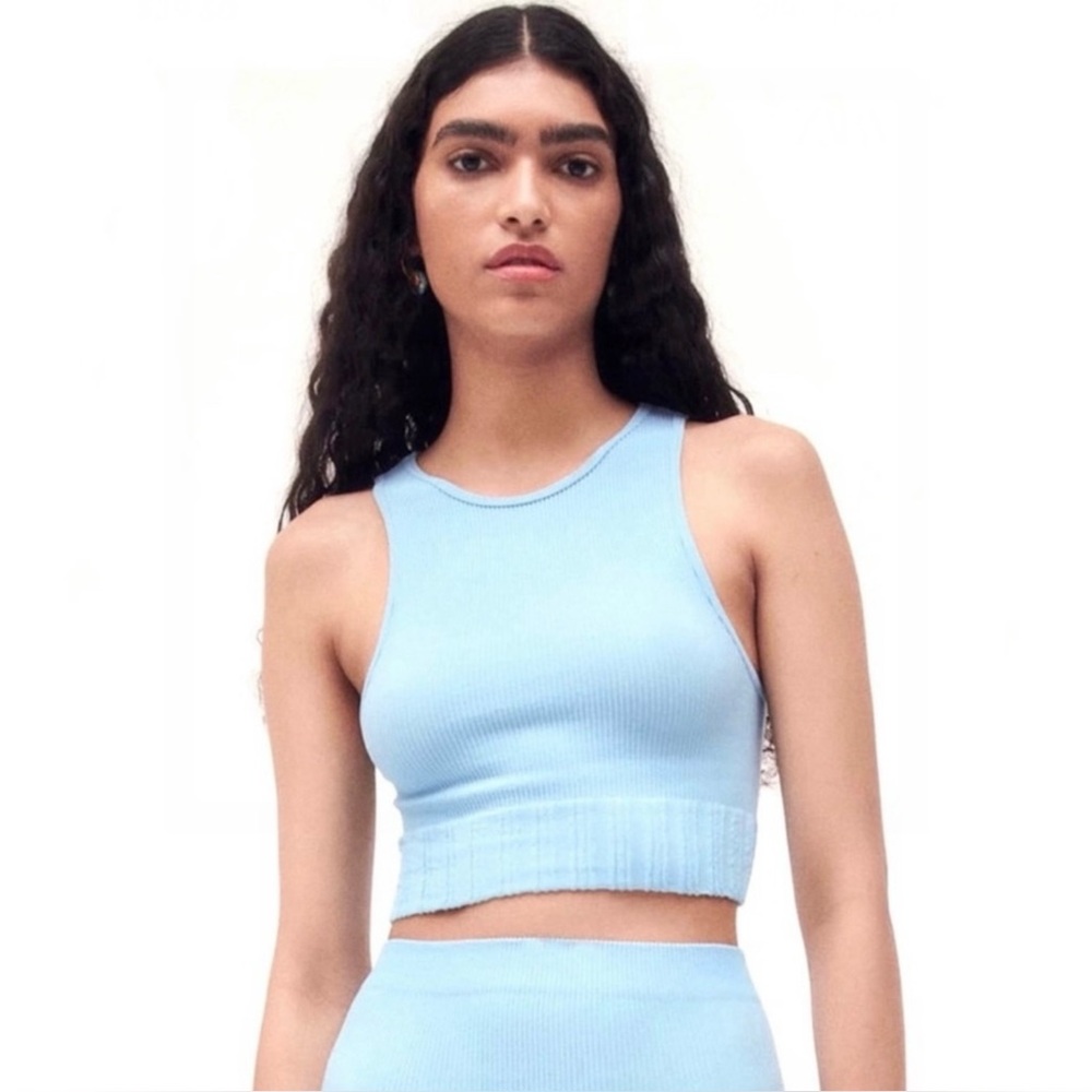 NEW ZARA BLUE RIBBED SEAMLESS CROP TOP